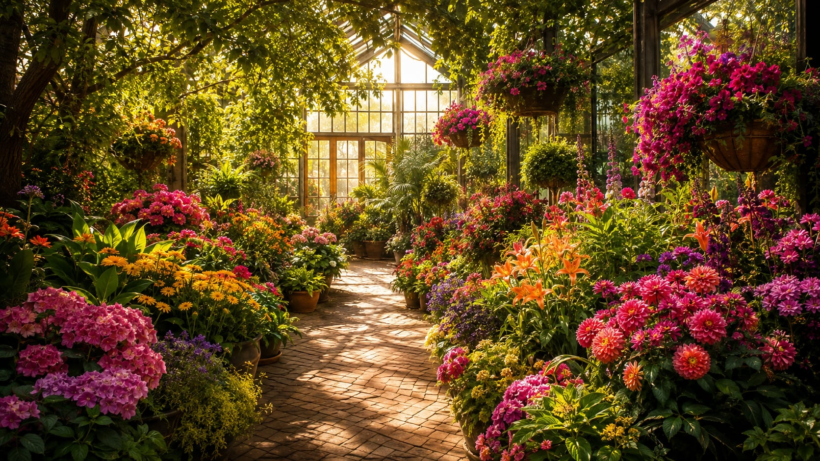 Sunlit greenhouse walkway at BB Blossoms lined with hydrangeas, dahlias, and hanging flower baskets